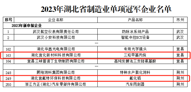 宜化新材料、宜氟特環(huán)保公司獲評(píng)2023年湖北省制造業(yè)單項(xiàng)冠軍企業(yè)(圖1)