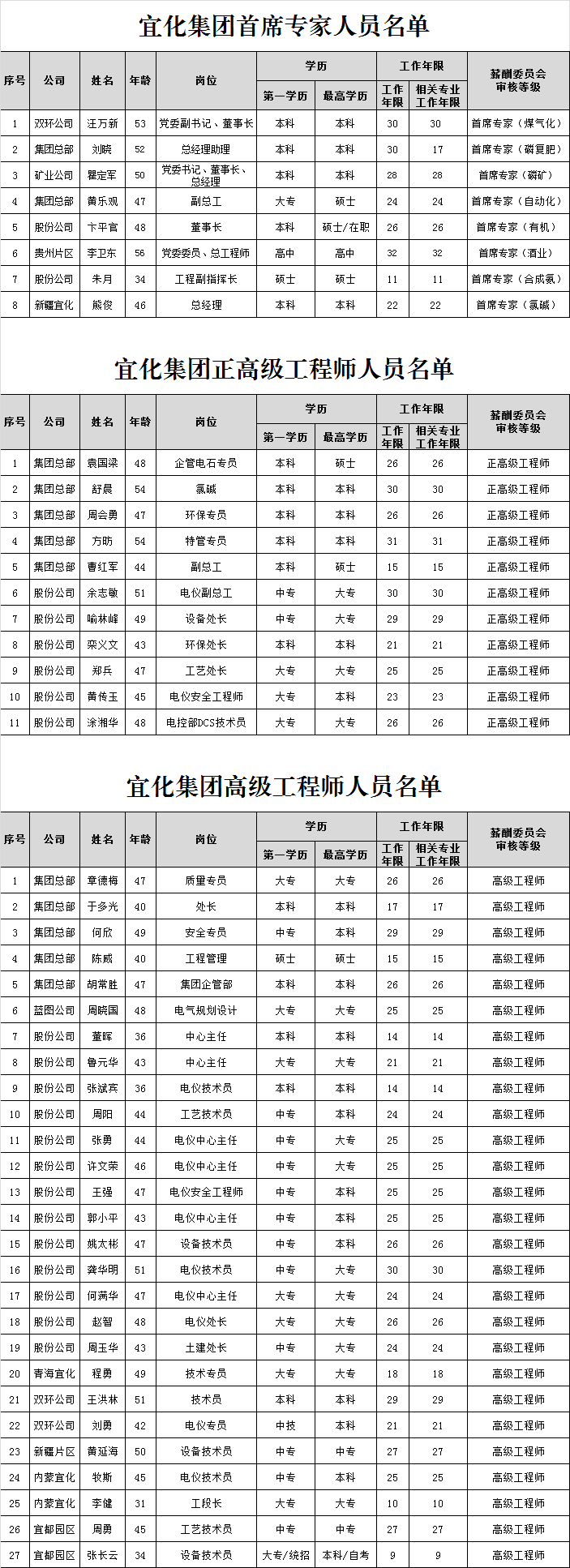 宜化集團首席專家、正高級工程師、高級工程師評審結果公示